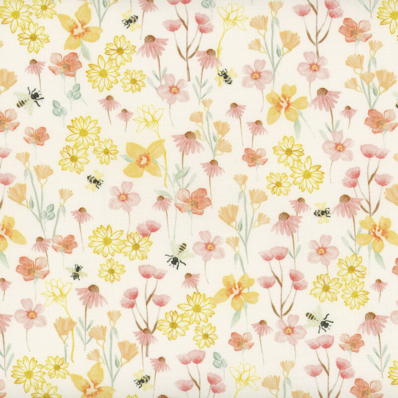 Cream fabric featuring flowers and bees