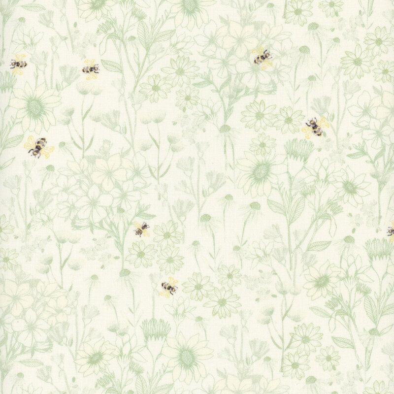 Cream fabric featuring bees and an outline of flowers in sage green