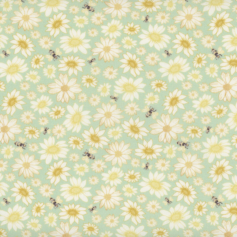 Pastel green fabric featuring bees and daisies