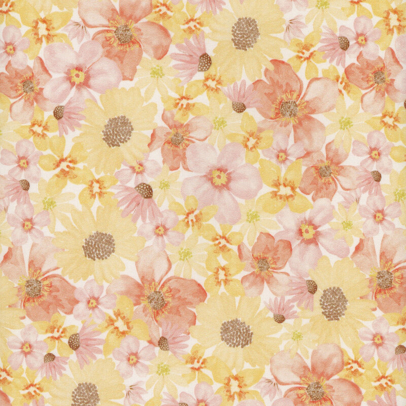 Fabric featuring packed yellow and pink flowers