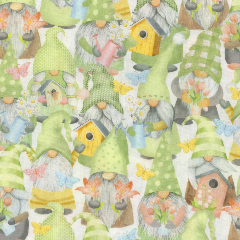 off white fabric featuring adorable gnomes wearing spring green outfits and holding baskets of flowers, bird houses, and watering cans