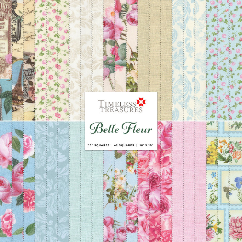 Collage of the light blue, pink, and cream floral fabrics included in the Belle Fleur collection.
