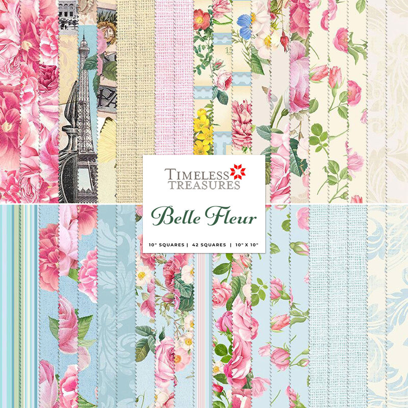 Collage of the light blue, pink, and cream floral fabrics included in the Belle Fleur collection.