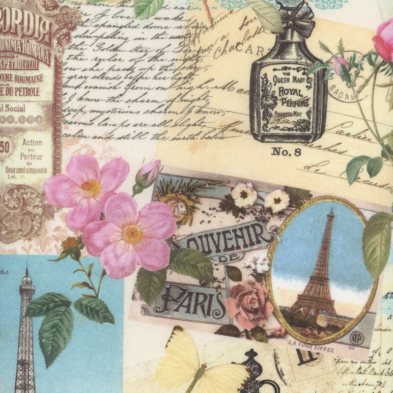 Scrapbook pattern fabric with pictures of the Eiffel tower, perfume bottles, post cards, and stamps, all tied together with pressed flowers and butterflies.