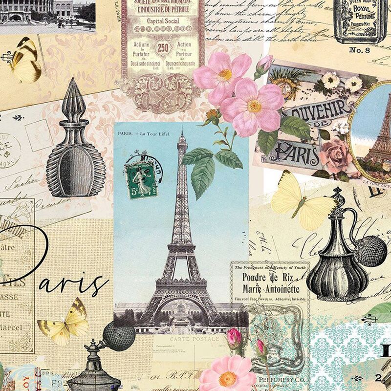 Scrapbook pattern fabric with pictures of the Eiffel tower, perfume bottles, post cards, and stamps, all tied together with pressed flowers and butterflies.