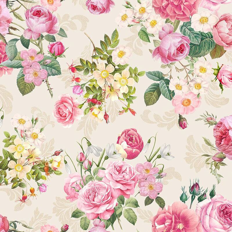 Fabric with a pattern of bouquets of roses, snowdrops, apple blossoms, and red buds on a beige background with tan filigree.