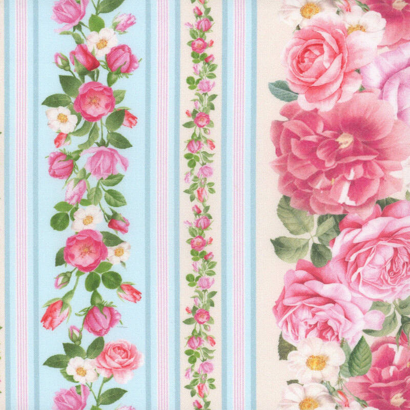 border stripe featuring a lovely pattern of bouquets of roses and complimentary flowers alternating with blue and pink stripes.