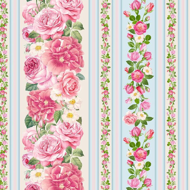 border stripe featuring a lovely pattern of bouquets of roses and complimentary flowers alternating with blue and pink stripes.