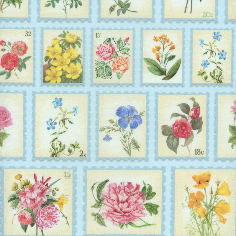 Light blue fabric with a pattern of floral postage stamps, each featuring different flowers and bouquets.