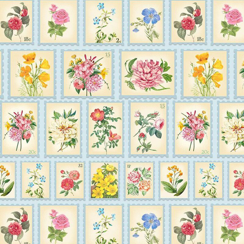 Light blue fabric with a pattern of floral postage stamps, each featuring different flowers and bouquets.
