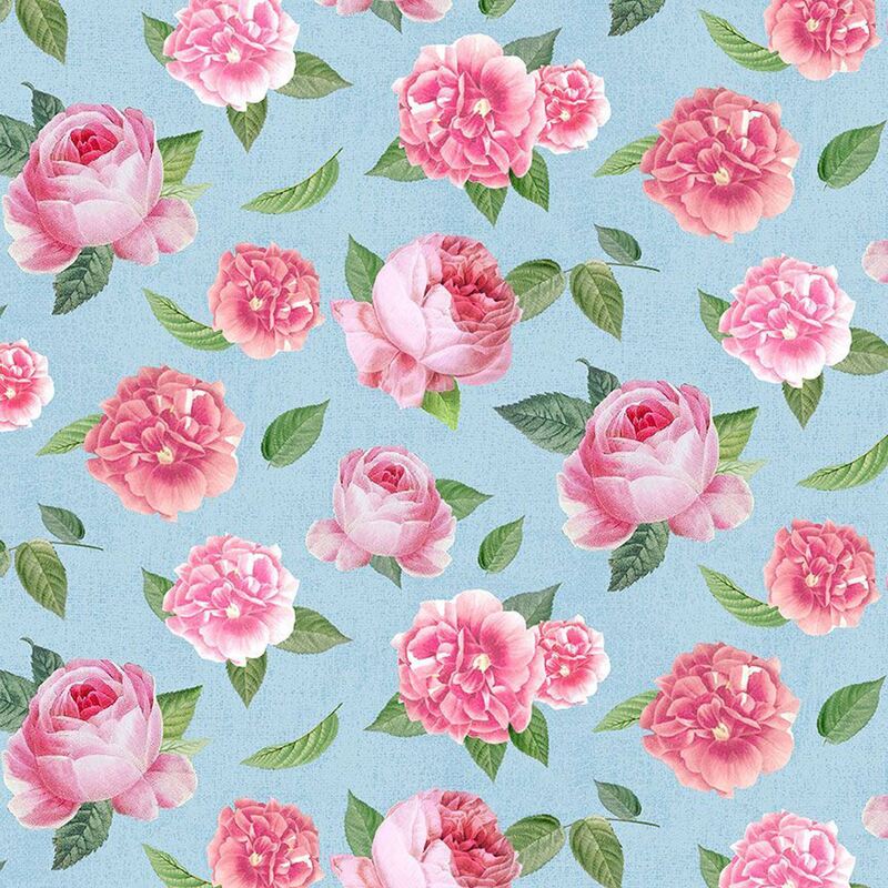 Fabric with a pattern of tossed pink roses on a soft blue background.