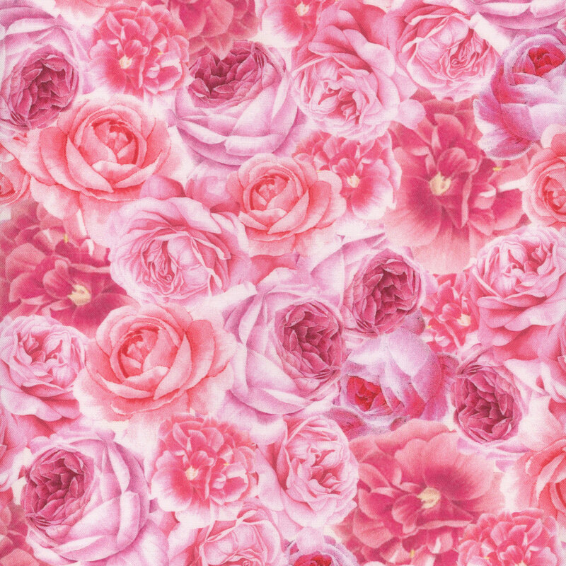 Fabric with a packed pattern of pink roses.