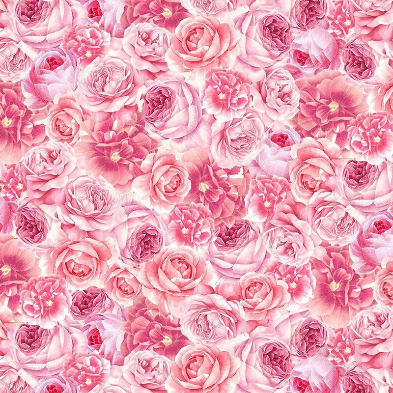Fabric with a packed pattern of pink roses.