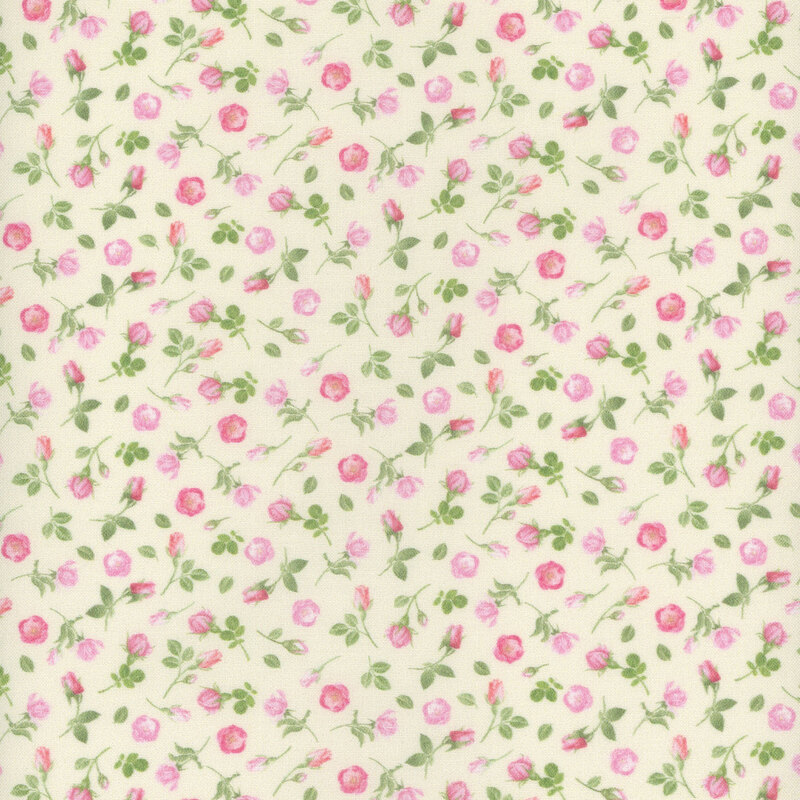 Fabric with a pattern of tossed pink rose sprigs on a soft cream-colored background.