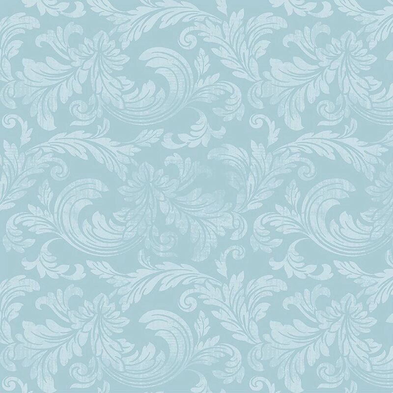 Fabric with a pattern of swirling light blue acanthus leaves on a blue background.