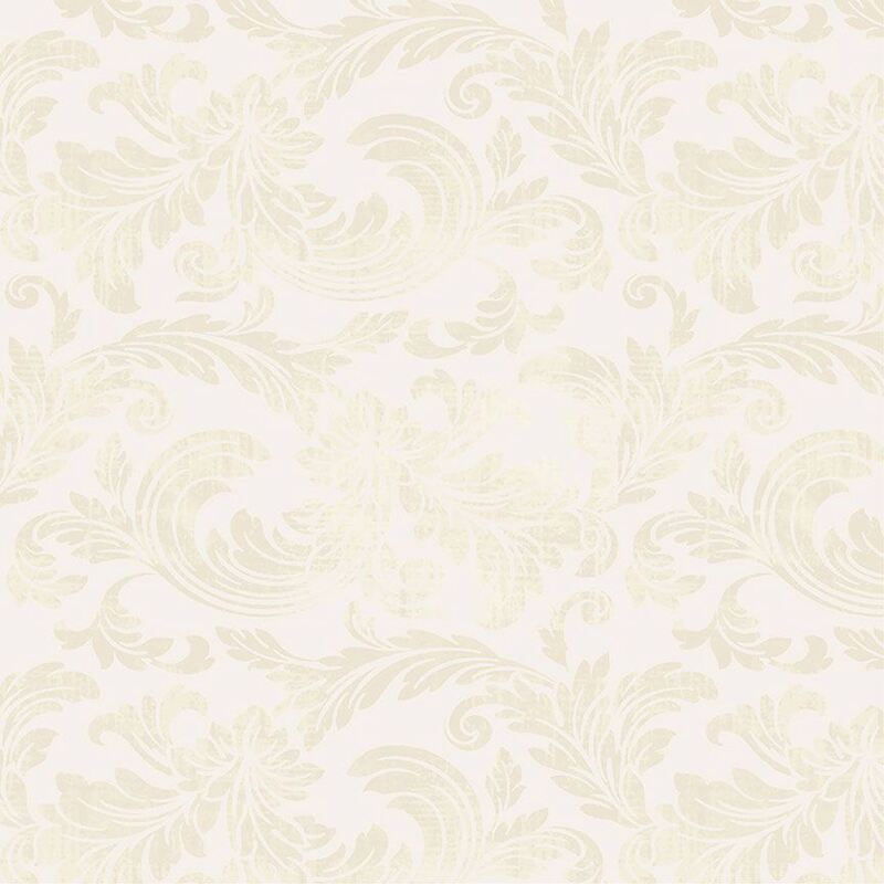 Fabric with a pattern of swirling cream-colored acanthus leaves on a white background.