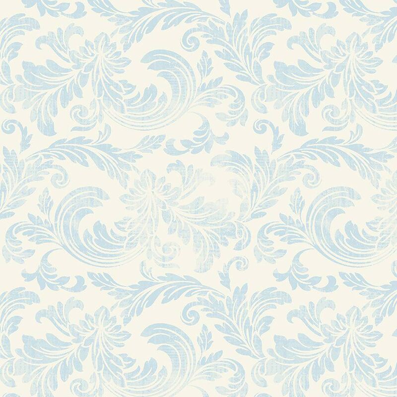Fabric with a pattern of swirling light blue acanthus leaves on a cream-colored background.