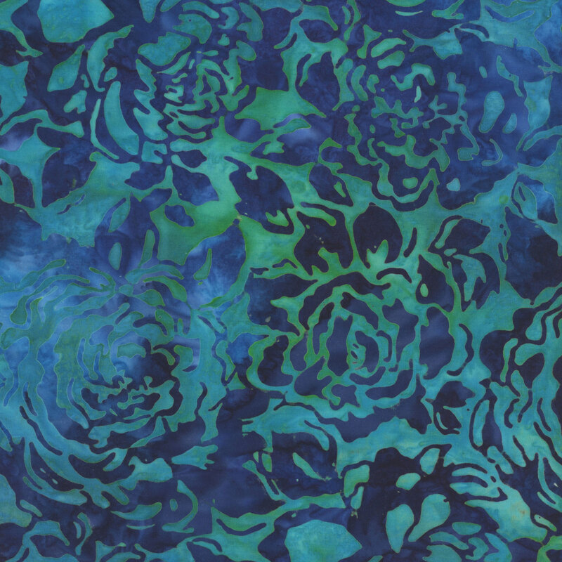 Aqua mottled fabric with dark blue rose silhouettes all over
