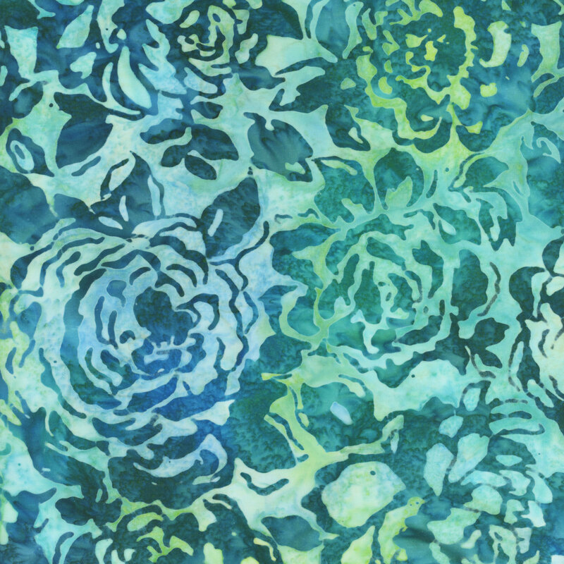 Light green mottled fabric with teal rose silhouettes all over