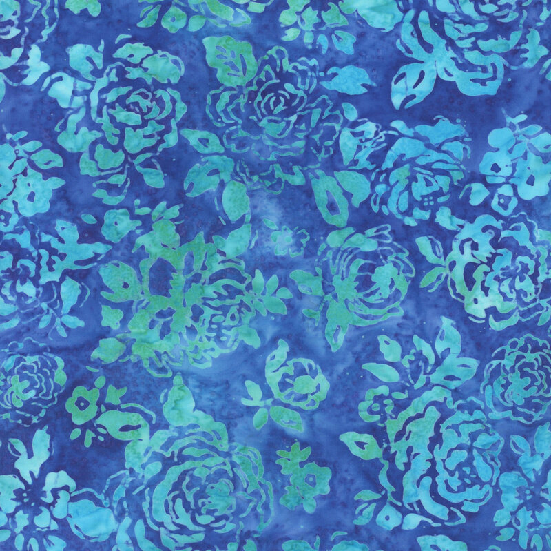 Blue mottled fabric with light blue rose silhouettes all over