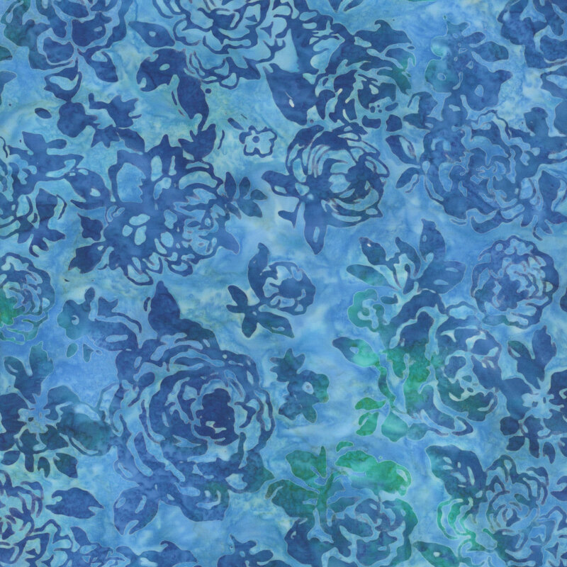 Blue mottled fabric with dark blue rose silhouettes all over