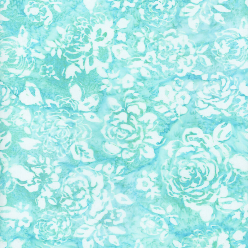 Aqua mottled fabric with white rose silhouettes all over