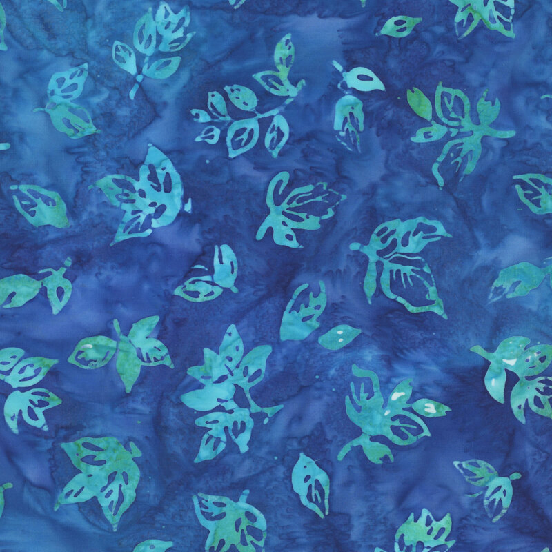 Dark blue mottled fabric with aqua leaf silhouettes all over