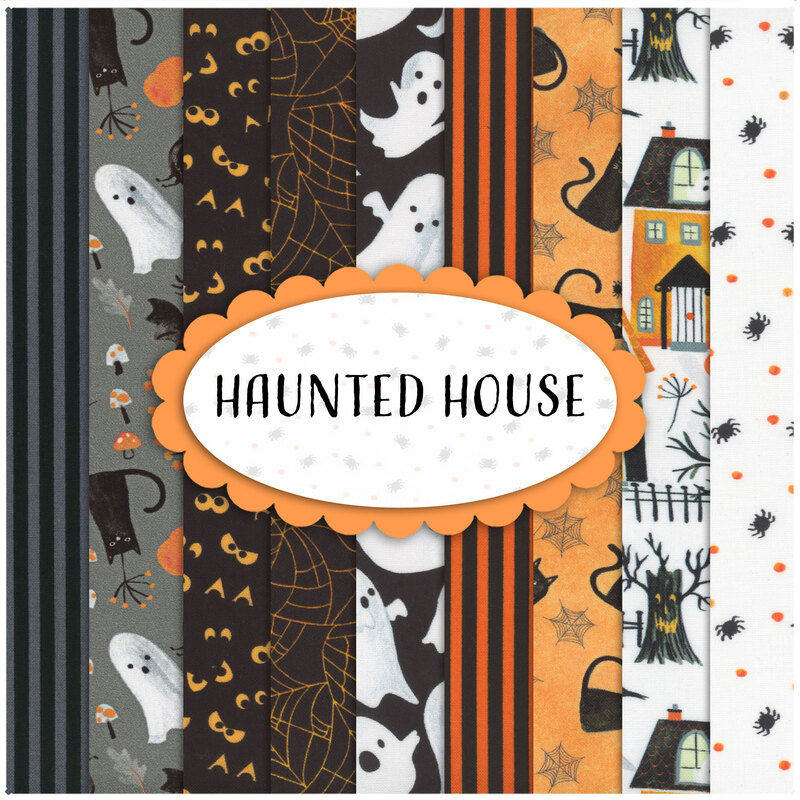 Collage of orange and black Halloween fabrics included in the Haunted House collection.