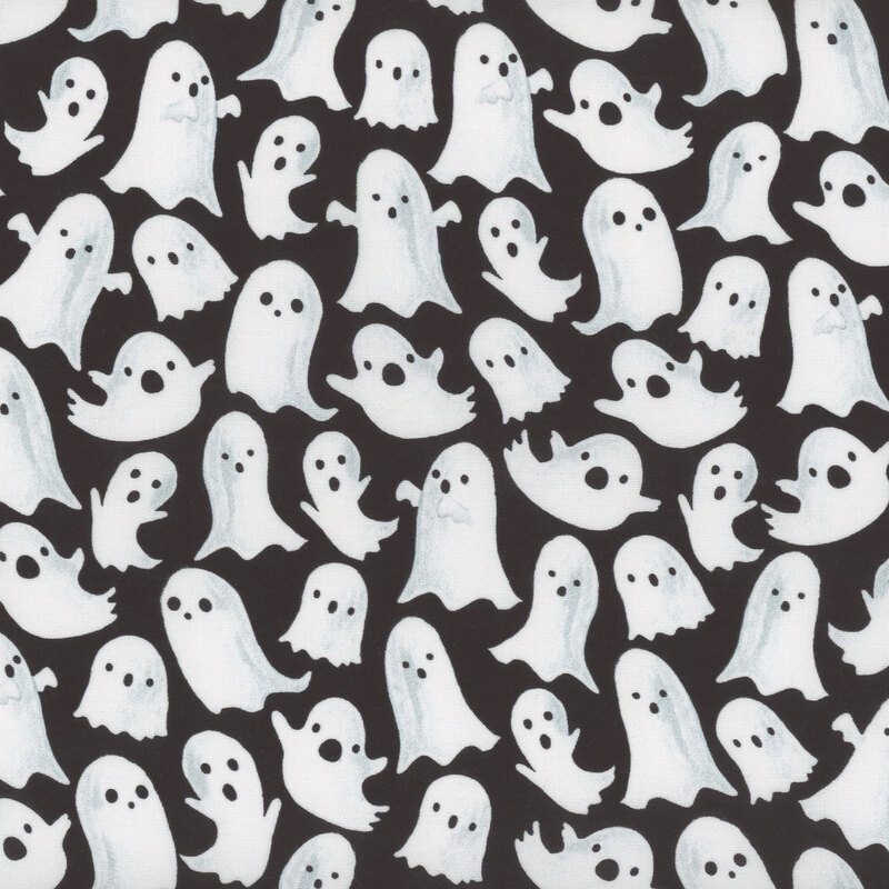 Black fabric with a packed pattern of little white ghosts.