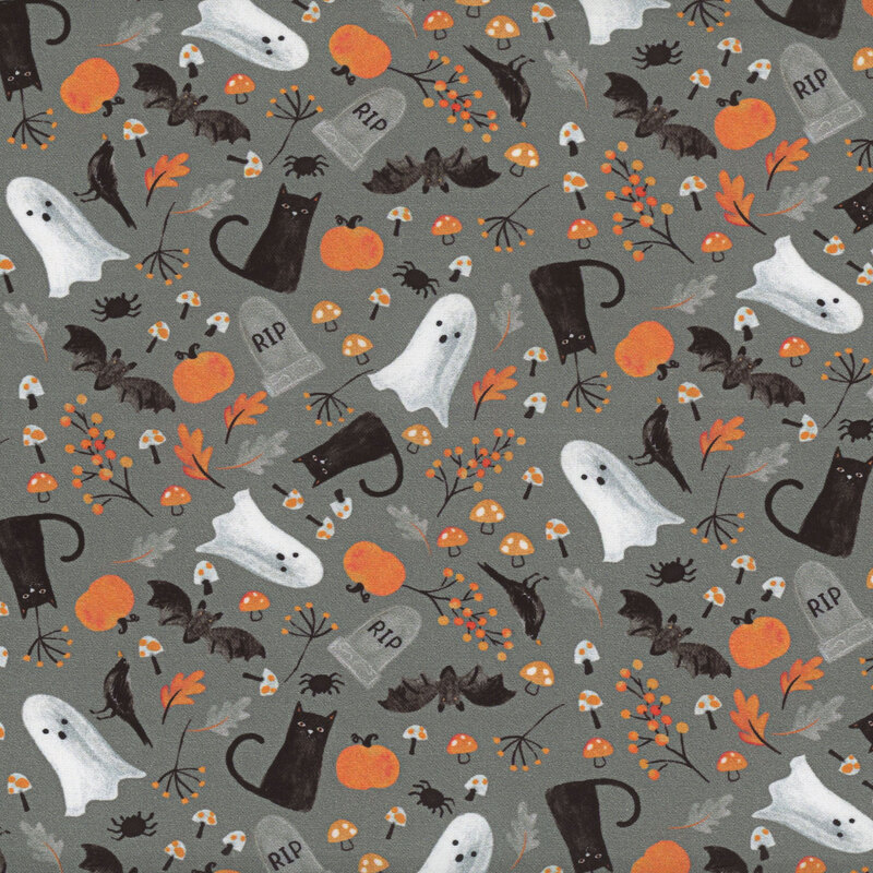 Gray fabric with a pattern of ghosts, cats, bats, pumpkins, mushrooms, and leaves.