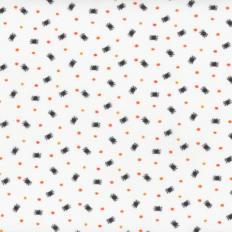 White fabric with a pattern of tiny orange dots and black spiders.