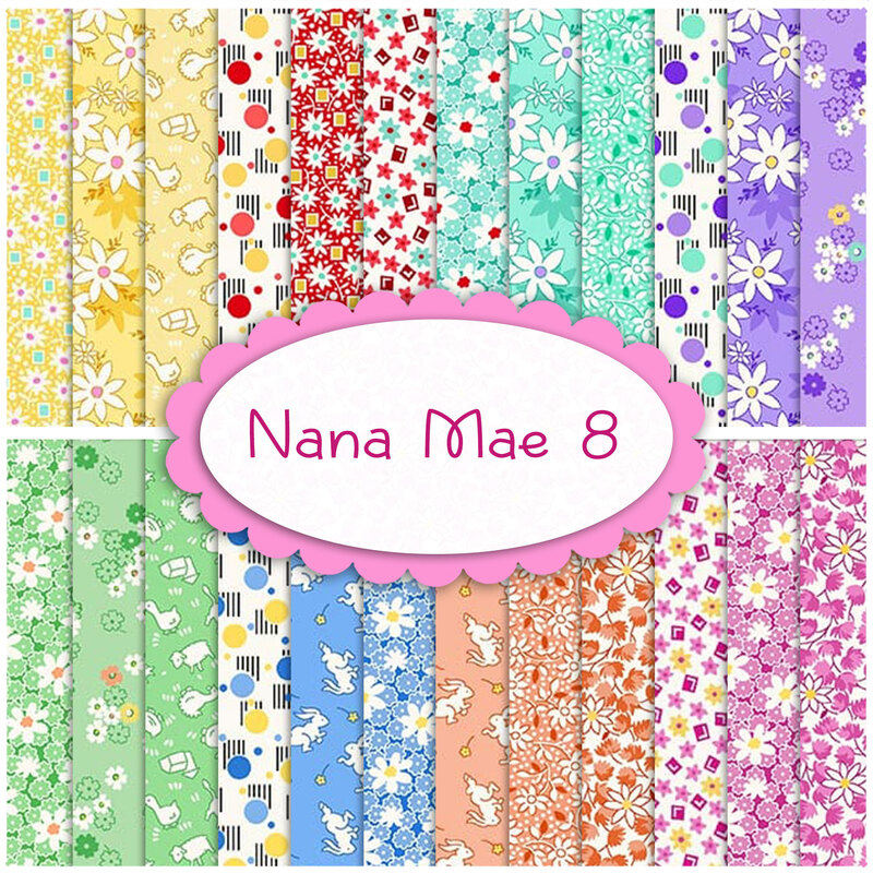 Rainbow collage of the colorful floral fabrics included in the Nana Mae 8 collection.