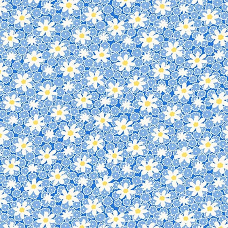 Blue fabric with floral pattern of small blue flowers and white daisies.