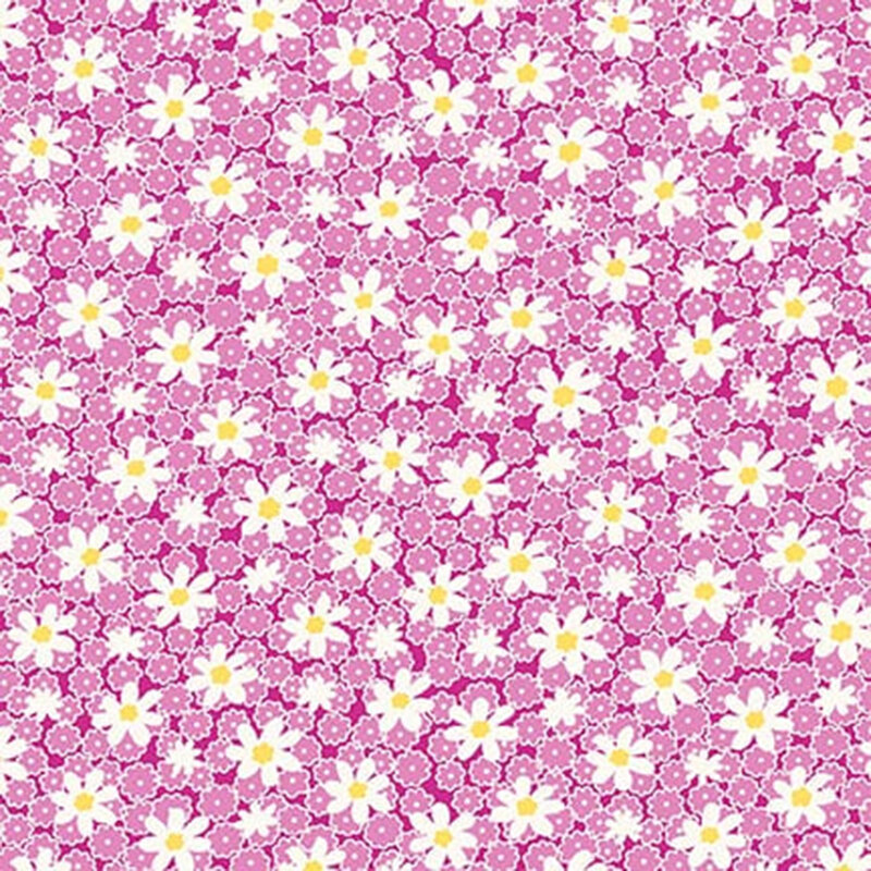 Pink fabric with floral pattern of small pink flowers and white daisies.