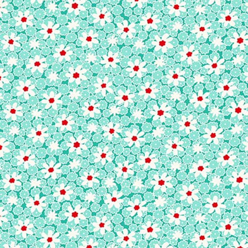 Aqua fabric with a floral pattern of small aqua flowers and white daisies with red accents.