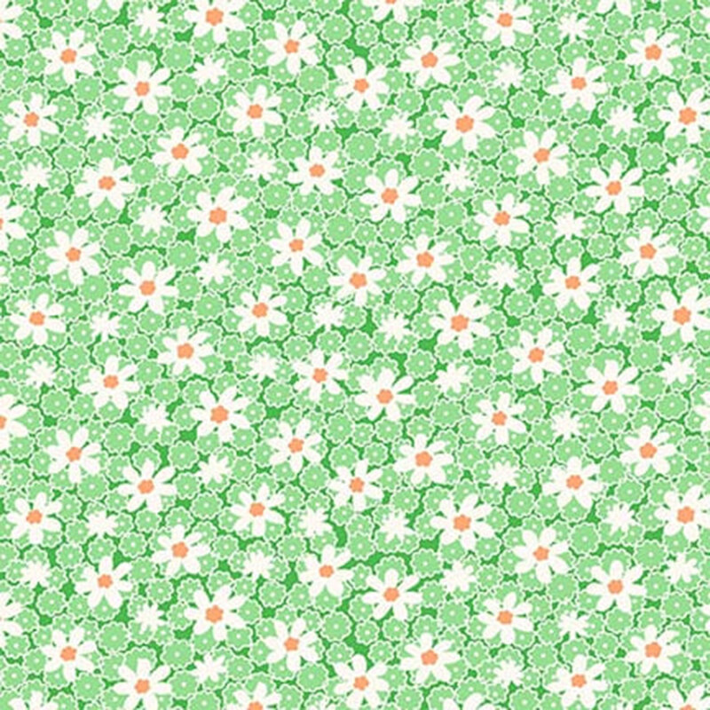 Green fabric with a floral pattern of small green flowers and white daisies with orange accents.