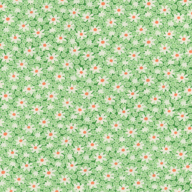 green fabric with florals and white daises