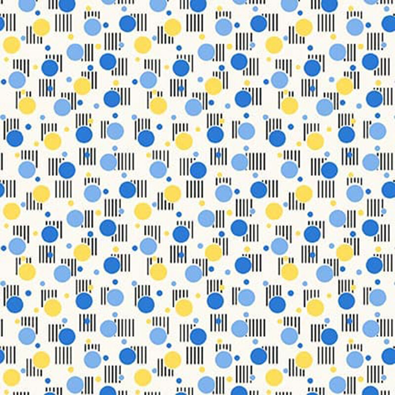 Cream-colored fabric with various blue and yellow dots and black lined squares.