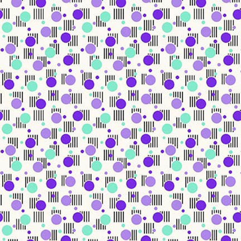 Cream-colored fabric with various purple and aqua dots and black lined squares.