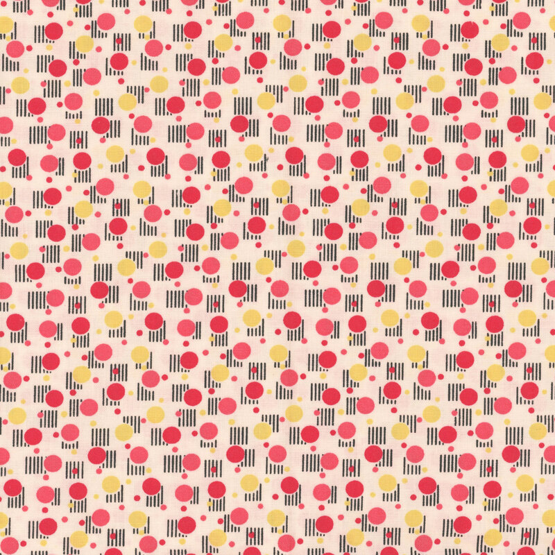 Cream-colored fabric with various red and yellow dots and black lined squares.