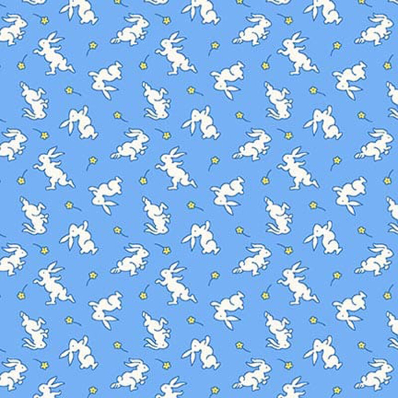 Blue fabric with white bunnies and small yellow daisies.