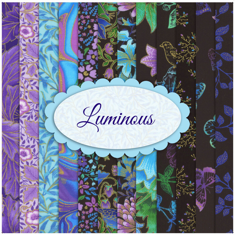 collage of fabrics in Luminous FQ set featuring bright prints in blue and purple