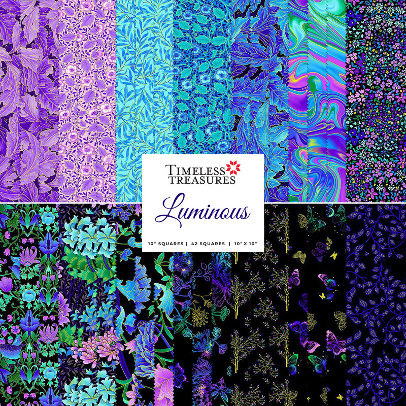 collage of fabrics in Luminous Layer Cake featuring bright prints in blue and purple