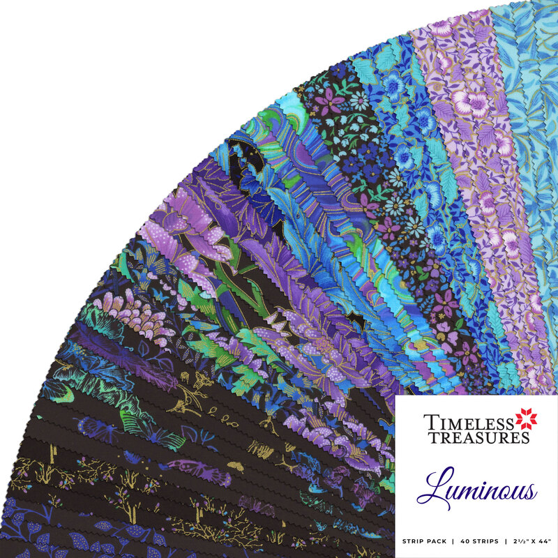 collage of fabrics in Luminous Jelly Roll featuring bright prints in blue and purple