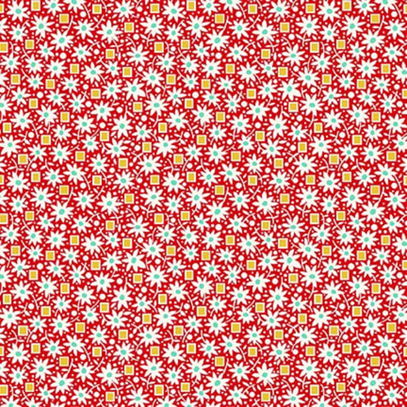 Red fabric with white daisies with aqua accents and yellow squares.