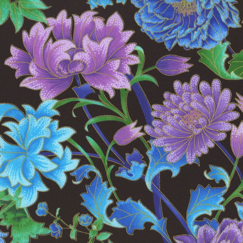Black fabric featuring bright flowers in purple and blue