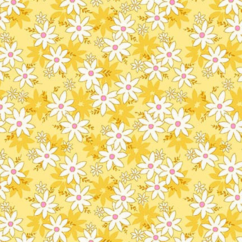 Yellow fabric with white daisies with pink accents.