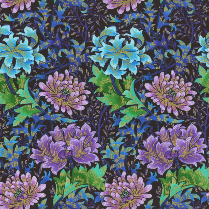 Fabric packed with a bright floral design in pink, purple, and blues