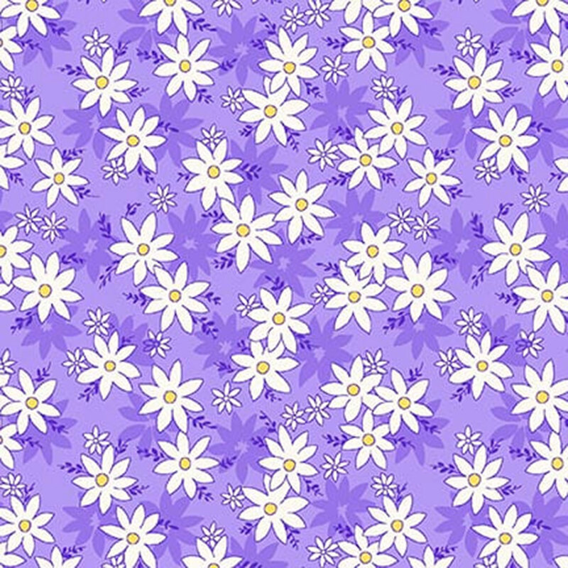 Purple fabric with white daisies with yellow accents.