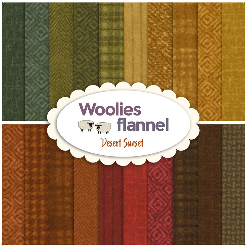 collage of fabrics in the Woolies Flannel Desert Sunset fat quarter set